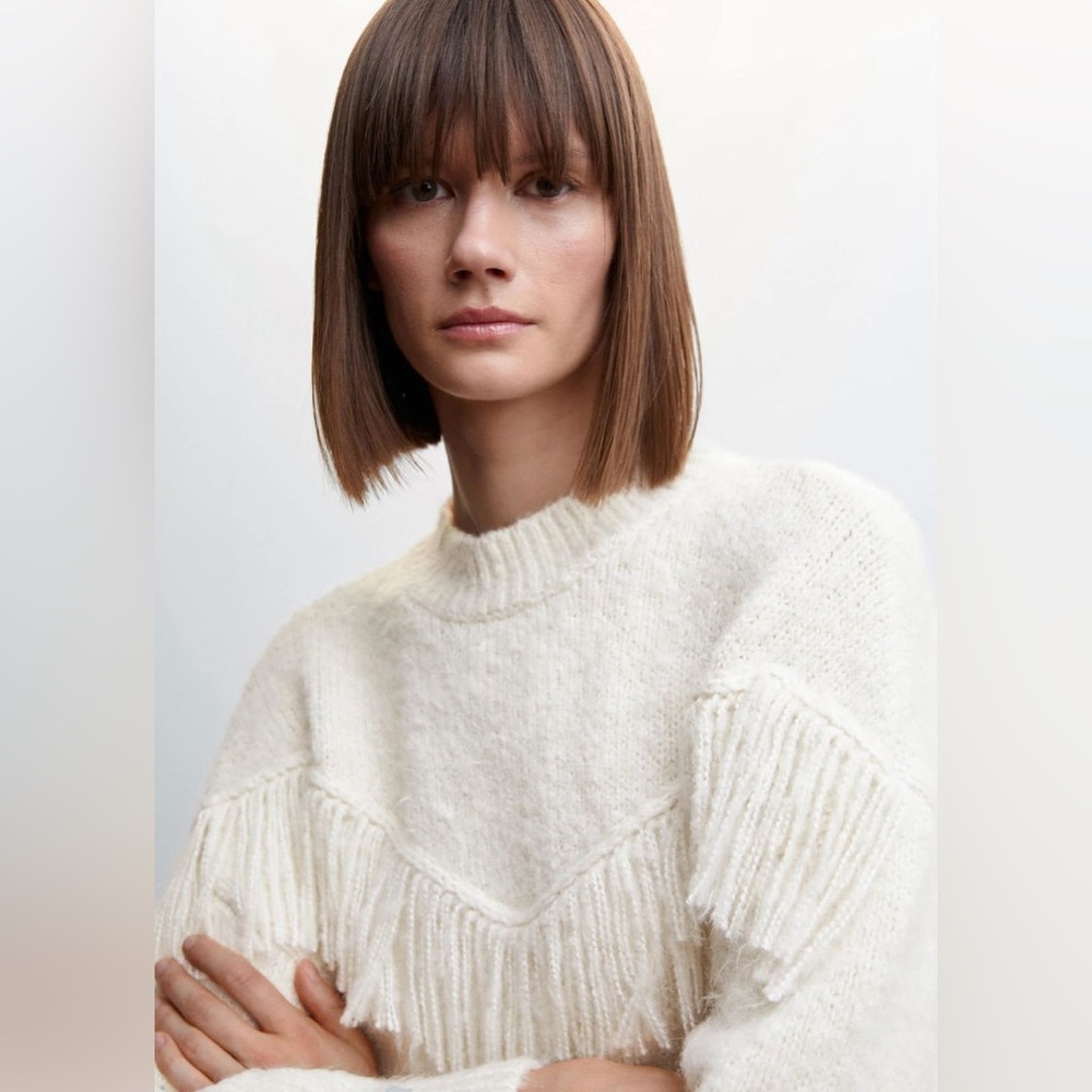 Mango Off-white cream mock neck sweater with fringe, XXL